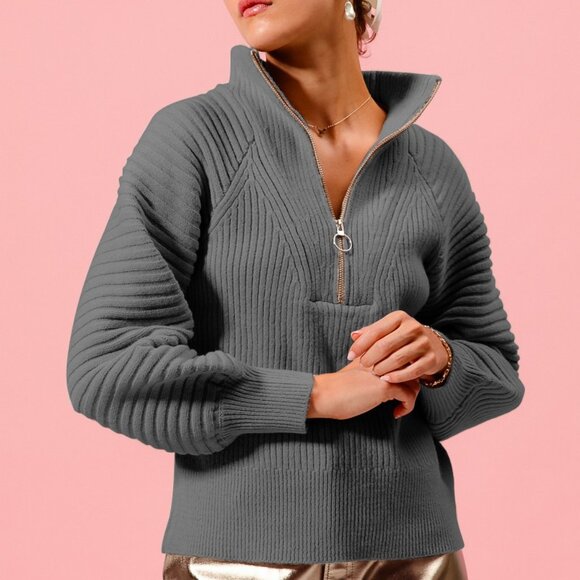 SO ME Half Zip Raglan Balloon Sleeves Ribbed Sweater - Picture 1 of 3